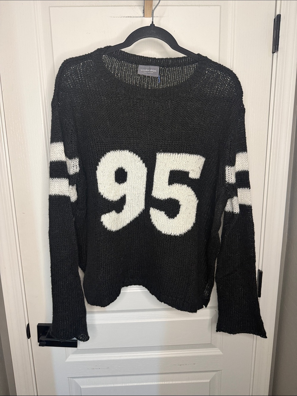 Wooden Ships Alpaca Blend Black Crewneck Sweater with White '95 & Sleeve Stripes
